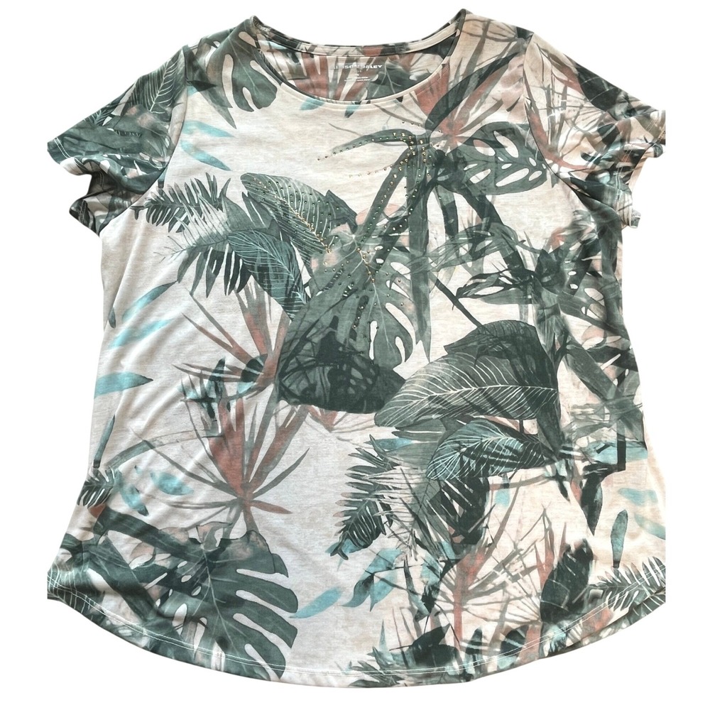 Allison Daley Plus 1X Tropical Monstera Leaf Rhinestone Short Sleeve Top Green